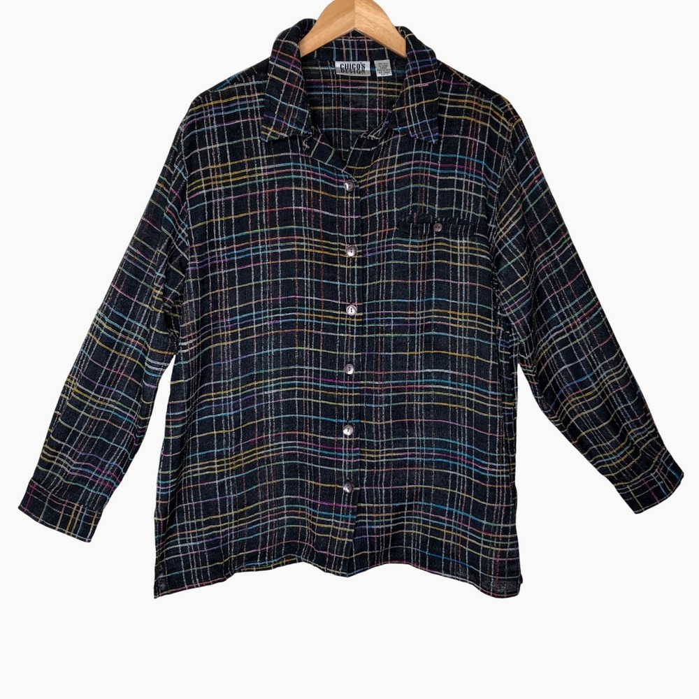 VTG Chico's Silk Blend Multicolor Plaid Long Sleeve‎ Top XL Electric Grandpa